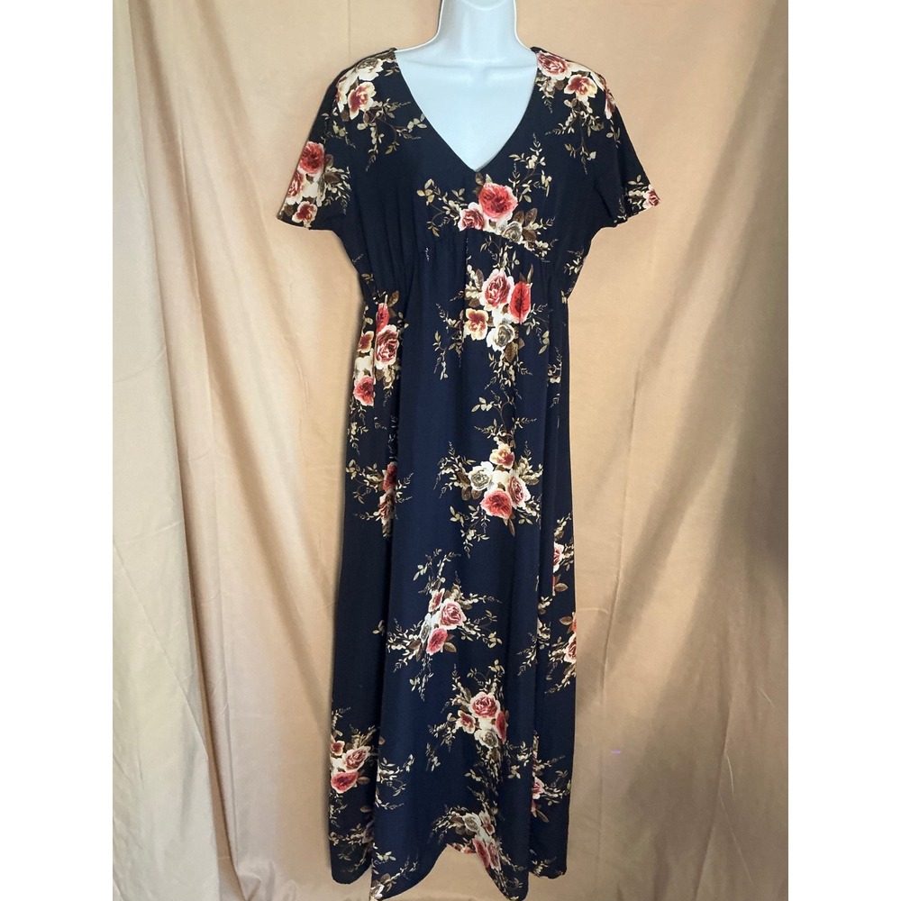 Ruiyige Floral Maxi Dress Womens XL Navy Blue Excellent V-Neck Empire Waist